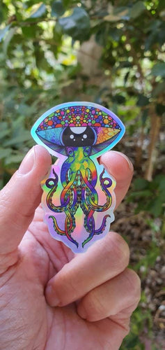 Mushroom Alien Octopus. Holographic Stickers. Psychedelic Trippy sticker. UV Stickers - High quality Trippy sticker. Laptop sticker.