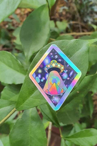 Holographic Alien Spaceship Pyramid Abduction sticker. UV indoor / outdoor Stickers - Trippy sticker. Laptop Sticker.