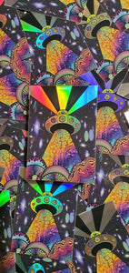 Holographic Alien Mushroom Spaceship Abduction sticker. UV indoor / outdoor Stickers - Trippy sticker. Laptop Sticker.