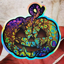 Load image into Gallery viewer, Halloween Pumpkin Sticker. Holographic Sticker. Spooky Season Laptop Sticker. Water Bottle Sticker.