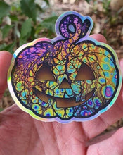 Load image into Gallery viewer, Halloween Pumpkin Sticker. Holographic Sticker. Spooky Season Laptop Sticker. Water Bottle Sticker.