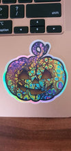 Load image into Gallery viewer, Halloween Pumpkin Sticker. Holographic Sticker. Spooky Season Laptop Sticker. Water Bottle Sticker.