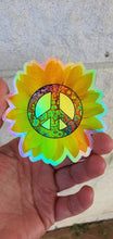 Load image into Gallery viewer, Peace Sign Holographic Sunflower Sticker. Laptop sticker. Planner stickers.