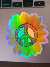 Load image into Gallery viewer, Peace Sign Holographic Sunflower Sticker. Laptop sticker. Planner stickers.