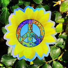 Load image into Gallery viewer, Peace Sign Holographic Sunflower Sticker. Laptop sticker. Planner stickers.