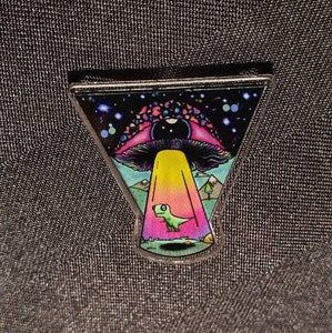 Dinosaur Alien Abuction Acrylic Pin.  Mushroom Eyeball.