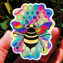 Load image into Gallery viewer, Bee Sticker. Bee Kind Sticker. Psychedelic Honey Bee Vinyl Sticker.