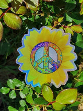 Load image into Gallery viewer, Peace Sign Holographic Sunflower Sticker. Laptop sticker. Planner stickers.