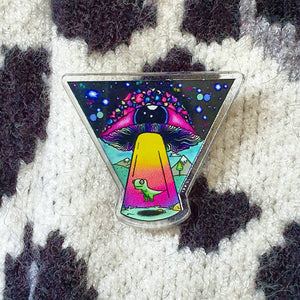 Dinosaur Alien Abuction Acrylic Pin.  Mushroom Eyeball.