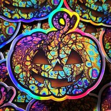 Load image into Gallery viewer, Halloween Pumpkin Sticker. Holographic Sticker. Spooky Season Laptop Sticker. Water Bottle Sticker.