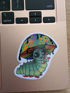 Mushroom Alien Caterpillar Sticker Trippy sticker. Psychedelic Laptop Sticker. Vinyl Magic Mushroom Sticker.