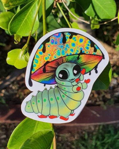 Mushroom Alien Caterpillar Sticker Trippy sticker. Psychedelic Laptop Sticker. Vinyl Magic Mushroom Sticker.