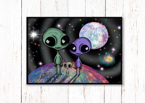 Alien Family On Moon Trippy Print. Alien In Space Print. Galaxy Print. Cute Aliens. A3, A4, A5 or 4”x6”