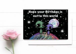 Alien Birthday Card. Cute Alien Family Card. Funny Birthday Card. Hope Your Birthday Is Outta This World Card.