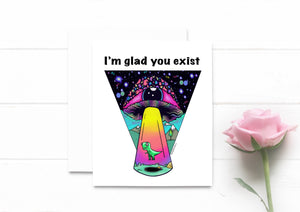 Dinosaur Alien Abduction Birthday Card. Cute Alien Card. Dinosaur Birthday Card. I’m Glad You Exist Card.