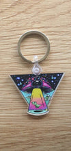 Load image into Gallery viewer, Mushroom Alien Dinosaur Abduction Keychain Keyring. Mushroom Eyeball  Trippy Artwork. Cool Keychain Keyring