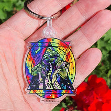 Load image into Gallery viewer, 3 Mushrooms Keychain Keyring. Psychedelic Art. Trippy Artwork. Cool Keychain Keyring