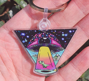 Mushroom Alien Dinosaur Abduction Keychain Keyring. Mushroom Eyeball  Trippy Artwork. Cool Keychain Keyring