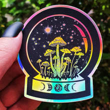 Load image into Gallery viewer, Mushroom Crystal Ball Holographic  Sticker. Snow Globe Sticker. Witch Sticker. Laptop Sticker. Flask Sticker. High quality Trippy sticker