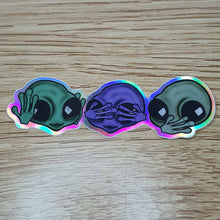 Load image into Gallery viewer, 3 Wise Aliens Holographic Sticker. Psychedelic Trippy sticker. UV Stickers - High quality Trippy sticker. Laptop sticker.