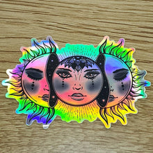 Load image into Gallery viewer, Holographic Sun And Moon Sticker. Waterproof Sticker. Flask Sticker. High quality Trippy Stickers. Laptop Sticker