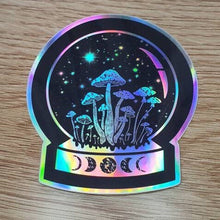 Load image into Gallery viewer, Mushroom Crystal Ball Holographic  Sticker. Snow Globe Sticker. Witch Sticker. Laptop Sticker. Flask Sticker. High quality Trippy sticker