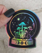 Load image into Gallery viewer, Mushroom Crystal Ball Holographic  Sticker. Snow Globe Sticker. Witch Sticker. Laptop Sticker. Flask Sticker. High quality Trippy sticker