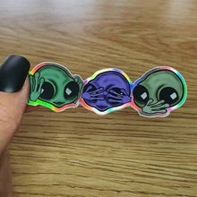 Load image into Gallery viewer, 3 Wise Aliens Holographic Sticker. Psychedelic Trippy sticker. UV Stickers - High quality Trippy sticker. Laptop sticker.