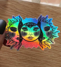 Load image into Gallery viewer, Holographic Sun And Moon Sticker. Waterproof Sticker. Flask Sticker. High quality Trippy Stickers. Laptop Sticker