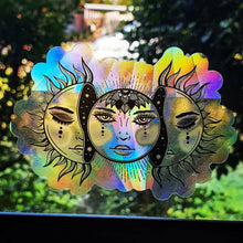 Load image into Gallery viewer, Suncatcher Sticker Sun and Moon. Rainbow maker. Window decal. Prismatic Sticker