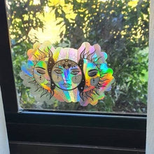 Load image into Gallery viewer, Suncatcher Sticker Sun and Moon. Rainbow maker. Window decal. Prismatic Sticker