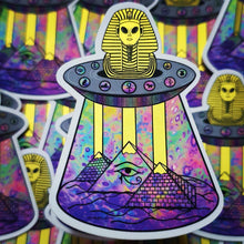 Load image into Gallery viewer, Alien UFO Sticker. Gold Effect Tutankhamun Pyramid Sticker.  Psychedelic Trippy sticker. UV indoor outdoor Stickers - High quality Sticker