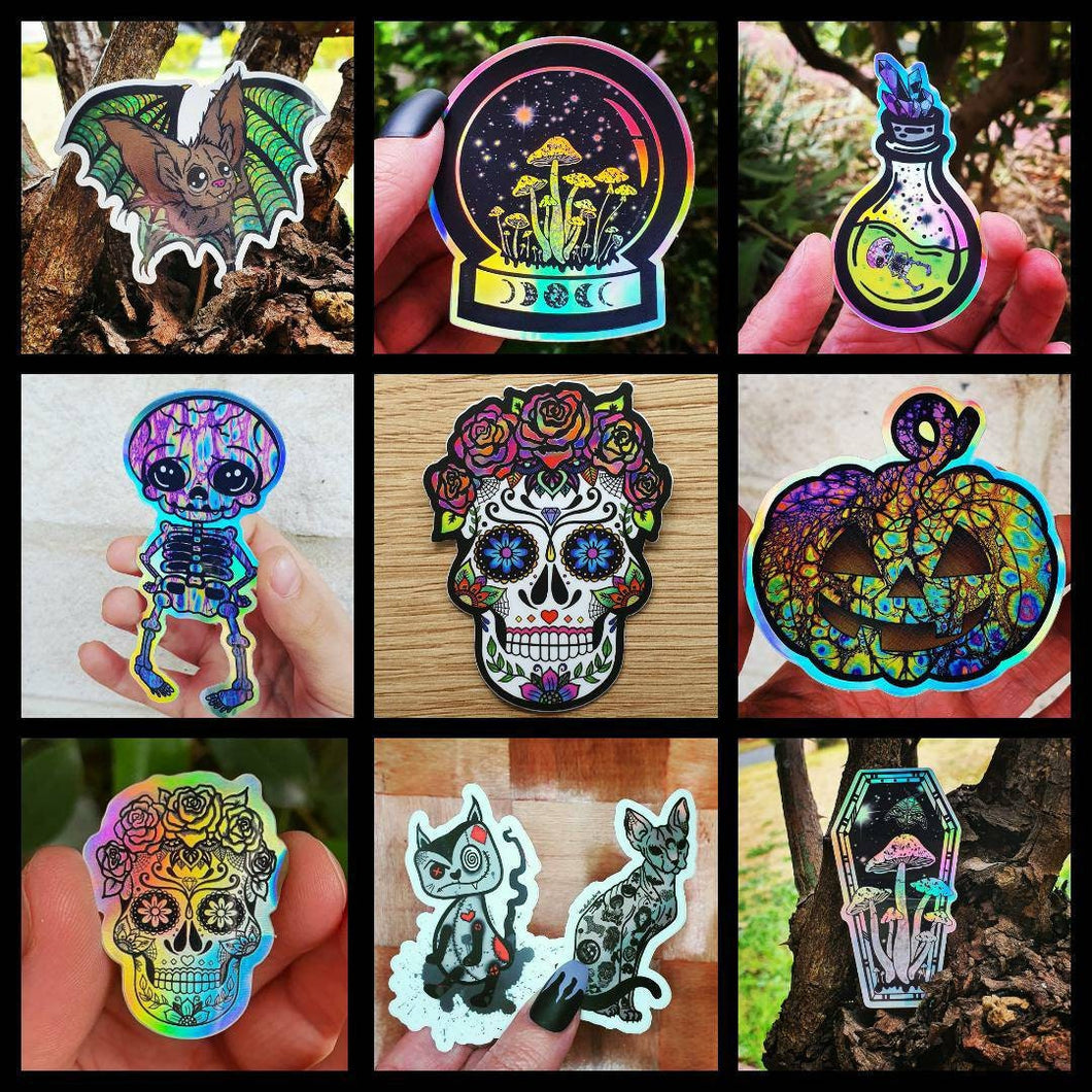 Sticker Pack Halloween. Ten Spooky Season Stickers. Holographic Horror Stickers. Scary Sticker Pack. Waterproof Laptop Drink bottle Stickers