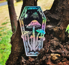 Load image into Gallery viewer, Mushroom Sticker. Coffin Sticker. Holographic Sticker. Waterproof Sticker. Laptop Sticker. Flask Sticker. High quality Trippy sticker