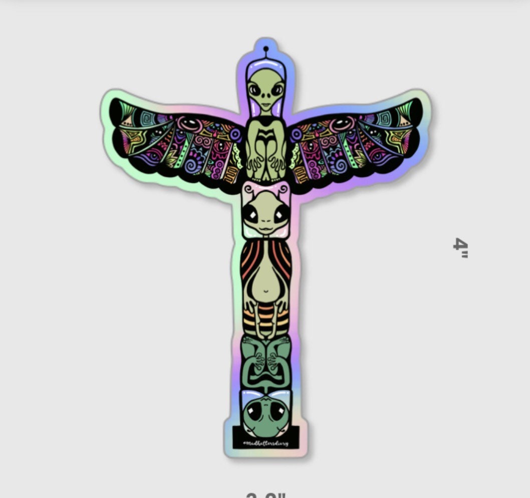 Holographic Sticker. Alien Totem Pole Sticker. Psychedelic Trippy stickers. High quality Trippy sticker. Laptop sticker. Waterproof stickers