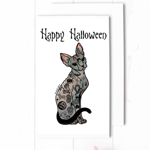 Sphynx Cat Halloween Card. Spooky Season. Happy Halloween Card. Tattoo Cat. A6