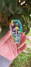 Load image into Gallery viewer, Mushroom Sticker. Coffin Sticker. Holographic Sticker. Waterproof Sticker. Laptop Sticker. Flask Sticker. High quality Trippy sticker