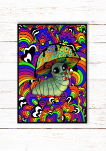 Mushroom Caterpillar Psychedelic Trippy Print. Poster A3, A4, A5 or 4”x6”