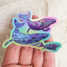 Load image into Gallery viewer, Whale Sticker. Whale Watching Sticker. Laptop Sticker. Water Bottle Sticker. High quality Trippy sticker. Baby Whales. Holographic.