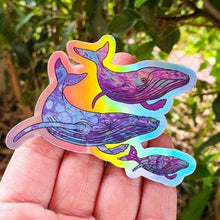 Load image into Gallery viewer, Whale Sticker. Whale Watching Sticker. Laptop Sticker. Water Bottle Sticker. High quality Trippy sticker. Baby Whales. Holographic.