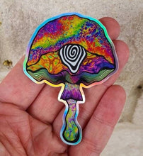 Load image into Gallery viewer, Trippy Mushroom Eye Holographic Sticker. High Quality Trippy sticker. Laptop Stickers. Skateboard Stickers. Water Bottle Sticker.