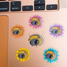 Load image into Gallery viewer, 6 Pack Of Clear Bee Stickers On Flower. Bumble Bee. Honey Bee Sticker. Mini Stickers. UV indoor and outdoor Stickers - High quality.