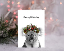 Load image into Gallery viewer, 3 Pack of Australian Animal Christmas Cards. Kangaroo and Koala Greeting Card. Naive Flower Headband. Merry Christmas Card.