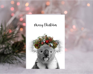 3 Pack of Australian Animal Christmas Cards. Kangaroo and Koala Greeting Card. Naive Flower Headband. Merry Christmas Card.