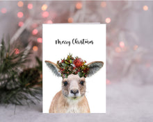 Load image into Gallery viewer, 3 Pack of Australian Animal Christmas Cards. Kangaroo and Koala Greeting Card. Naive Flower Headband. Merry Christmas Card.