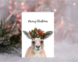 3 Pack of Australian Animal Christmas Cards. Kangaroo and Koala Greeting Card. Naive Flower Headband. Merry Christmas Card.