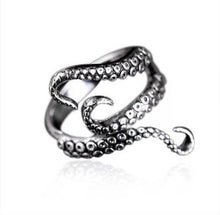 Load image into Gallery viewer, Octopus Ring. Adjustable Silver Ring. Punk Goth Ring. Octopus Wrap Around Ring. Silver Tentacles. Unisex Ring.