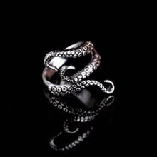 Load image into Gallery viewer, Octopus Ring. Adjustable Silver Ring. Punk Goth Ring. Octopus Wrap Around Ring. Silver Tentacles. Unisex Ring.