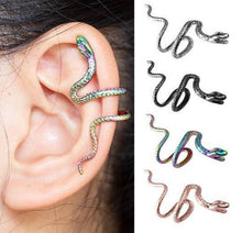 Load image into Gallery viewer, Snake Ear Cuff. Silver Ear Wrap. Punk Goth. Ear Climber No Pierce Adjustable Ear Jewellery. Black Snake Earring