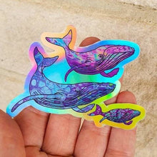 Load image into Gallery viewer, Whale Sticker. Whale Watching Sticker. Laptop Sticker. Water Bottle Sticker. High quality Trippy sticker. Baby Whales. Holographic.